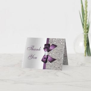 Carte De Remerciements Faux Silver Sequins Purple Diamond Bow Thank You
