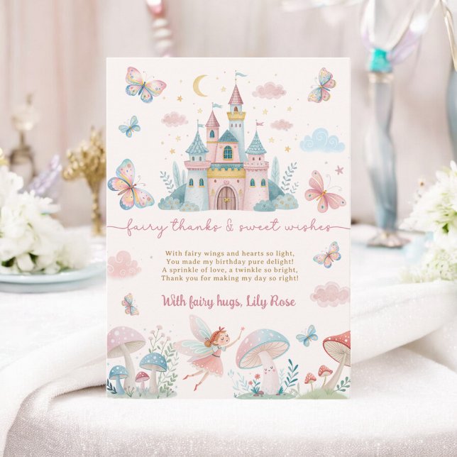 Carte De Remerciements Fée capricieuse Premier anniversaire Château rose  (Whimsical Fairy First Birthday Pink Castle Kids Thank You Card)