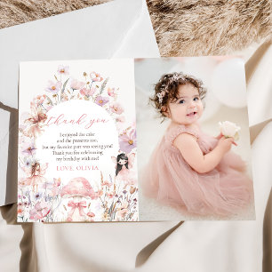 Carte De Remerciements Fée champignon floral Photo de premier anniversair