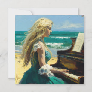 Carte De Remerciements Femme blonde jouant du piano à la plage