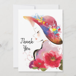 Carte De Remerciements Femme en Casquette Floral Aquarelle