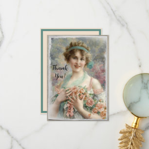 Carte De Remerciements Femme victorienne avec Rose sur Arrière - plan aqu