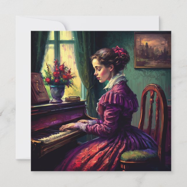 Carte De Remerciements Femme victorienne jouant du piano, peinture à l'hu (Devant)