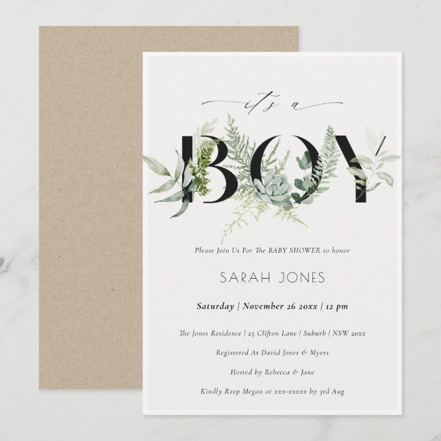 Carte De Remerciements Ferme feuillue Succulent C'est un garçon Baby show (Devant / Derrière)