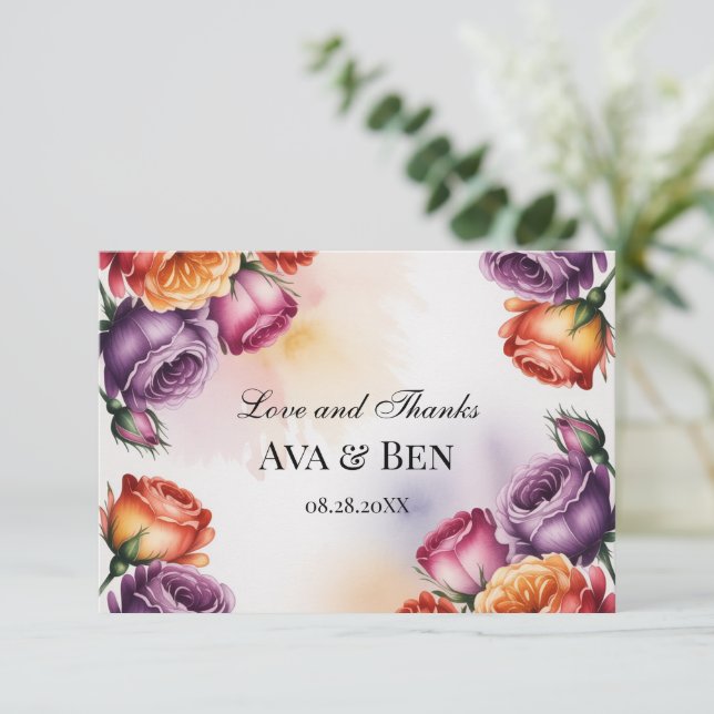 Carte De Remerciements Festive Purple Orange and Red Roses Wedding (Debout devant)