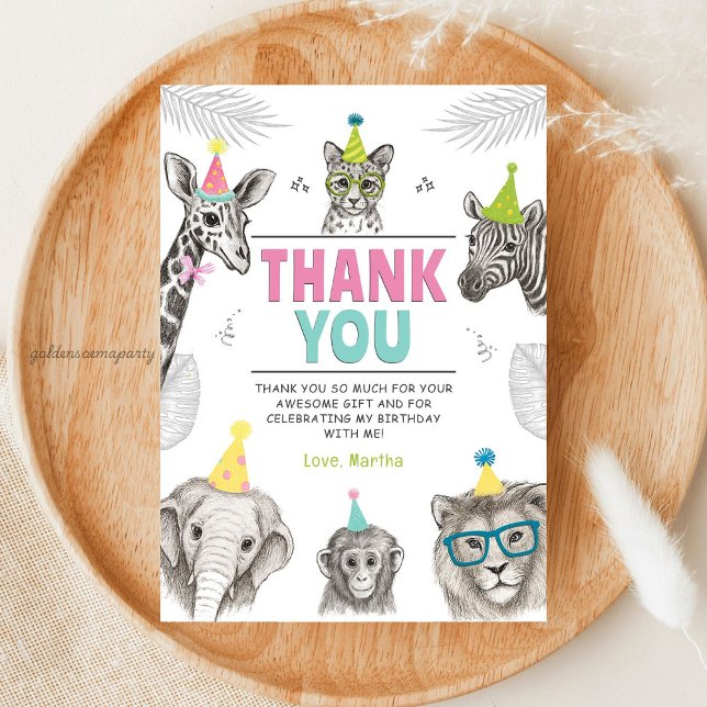 Carte De Remerciements Fête Animale | Anniversaire d'Animal Sauvage (Animals Party | Wild Animal Birthday Thank You Card )