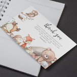 Carte De Remerciements Fête Anniversaire de enfant des animaux de bois<br><div class="desc">Carte de remerciements d'animaux boisés avec, aquarelle animaux de forêt un ours, raton laveur, lapin, cerf, renard, hérisson, souris, hibou, écureuil et oiseaux. Le texte peut être facilement édité, les styles de police et la couleur arrière - plan peuvent également être changés, en cliquant sur le lien customiser après la...</div>