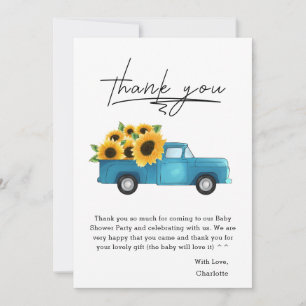 Carte De Remerciements Fête bébé camion aquarelle avec tournesols