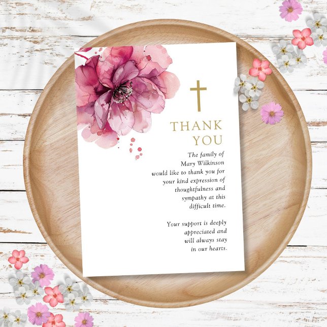 Carte De Remerciements Fête Chrétienne Rose Florale De La Vie Funéraire (Pink Floral Christian Celebration Of Life Funeral Thank You Card)