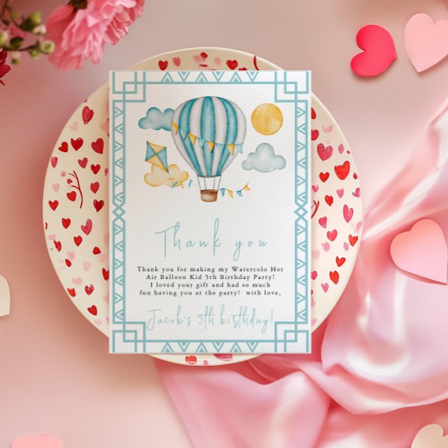 Carte De Remerciements Fête d'anniversaire 5 ans Kid Watercolo Hot Air Ba (Créateur téléchargé)