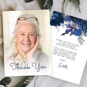 Carte De Remerciements Fête d'anniversaire 80 ans Photo Bleu Argent Flora