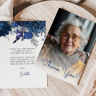 Carte De Remerciements Fête d'anniversaire 80 ans Photo Bleu Argent Flora