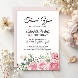 Carte De Remerciements Fête d'anniversaire 90 ans élégante aux fleurs ros