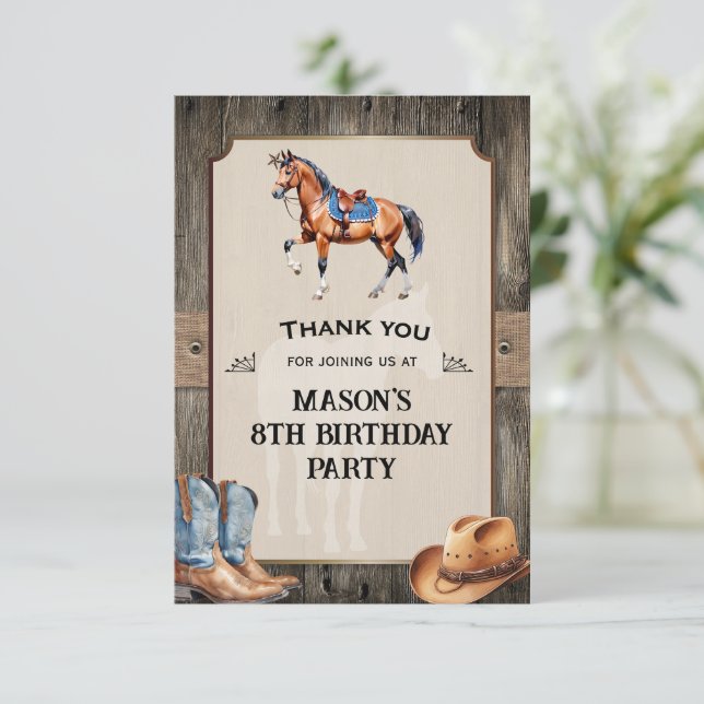 Carte De Remerciements Fête d'anniversaire à cheval pour cowboy rustique (Debout devant)