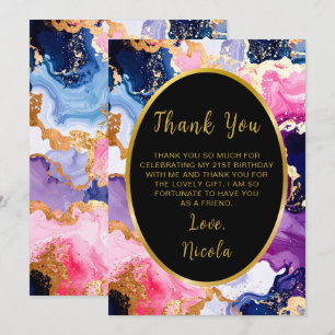 Carte De Remerciements Fête d'anniversaire à l'encre rose, bleu marine et