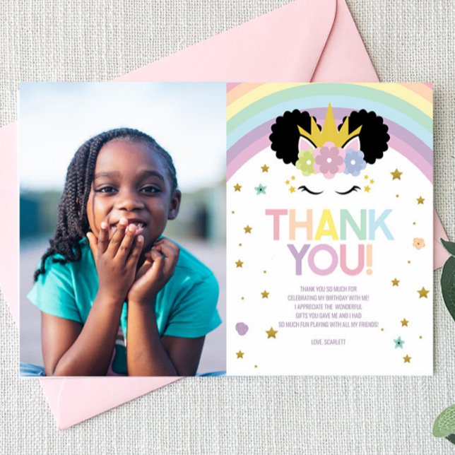 Carte De Remerciements Fête d'anniversaire Afro Puff Licorne et Arc-en-ci (Créateur téléchargé)