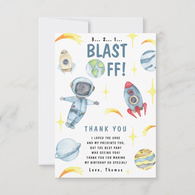 Carte De Remerciements Fête d'anniversaire astronaute dans l'espace (Devant)