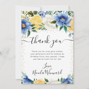 Carte De Remerciements Fête d'anniversaire aux fleurs bleu et jaune aquar