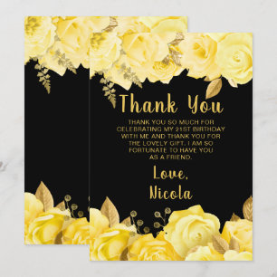 Carte De Remerciements Fête d'anniversaire aux fleurs jaunes et or élégan