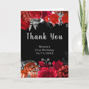 Carte De Remerciements Fête d'anniversaire aux fleurs rouges et argentées