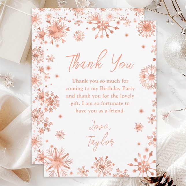 Carte De Remerciements Fête d'anniversaire aux flocons de neige Rose Gold (Créateur téléchargé)