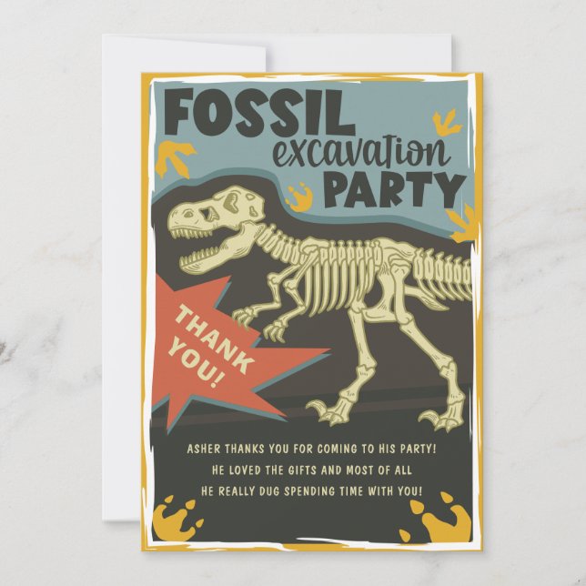Carte De Remerciements Fête d'anniversaire avec fouille de dinosaures fos (Devant)