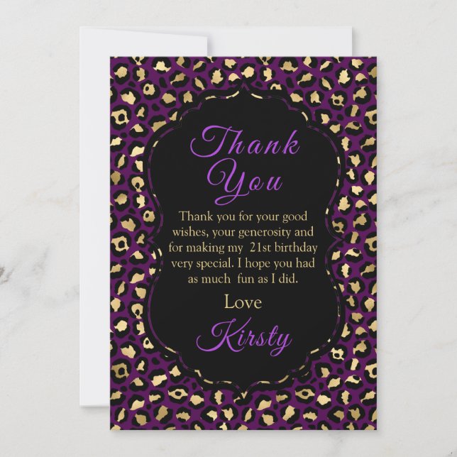 Carte De Remerciements Fête d'anniversaire avec impression léopard violet (Devant)