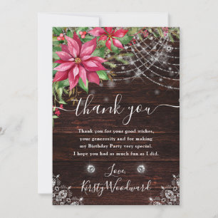 Carte De Remerciements Fête d'anniversaire Bois rustique & Poinsettia