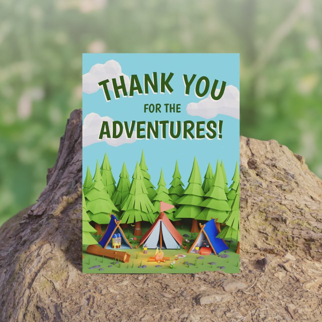 Carte De Remerciements Fête d'anniversaire Camping Aventure Enfants aux P (Pine Trees Kids Adventure Camping Birthday Party Thank You Card)