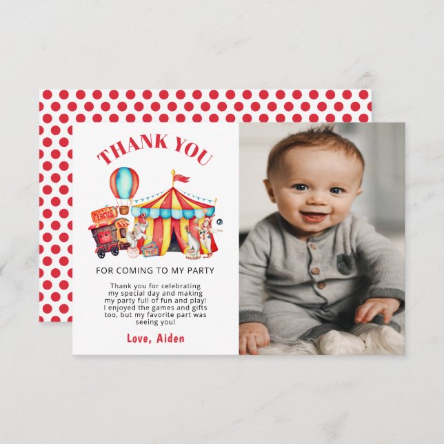 Carte De Remerciements Fête d'anniversaire Cirque Carnaval  (Devant / Derrière)