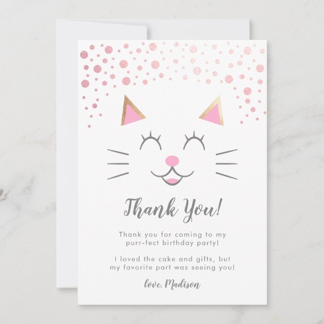Carte De Remerciements Fête d'anniversaire de chat Kitty or rose mignon (Devant)