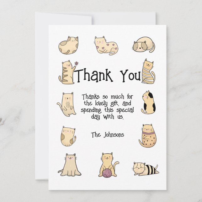 Carte De Remerciements Fête d'anniversaire de chats mignons, personnalisa (Devant)