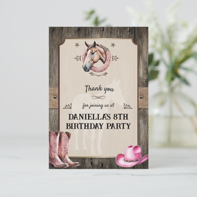 Carte De Remerciements Fête d'anniversaire de cheval à dos en rose rustiq (Debout devant)