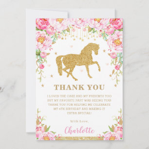 Carte De Remerciements Fête d'anniversaire de cheval à paillettes dorées