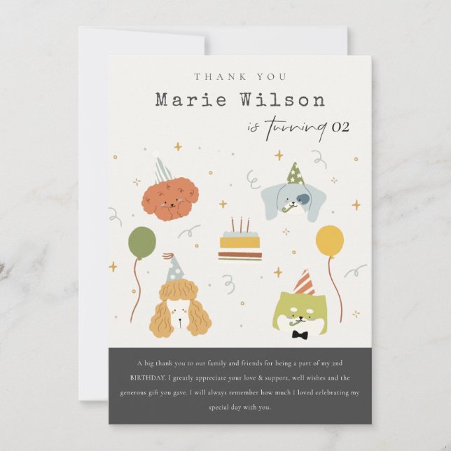 Carte De Remerciements Fête d'anniversaire de chiots mignons pour enfants (Devant)