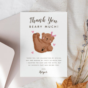 Carte De Remerciements Fête d'anniversaire de fille ourson