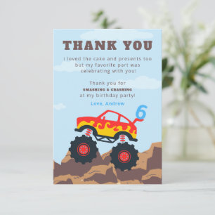 Carte De Remerciements Fête d'anniversaire de garçon de camion monstre