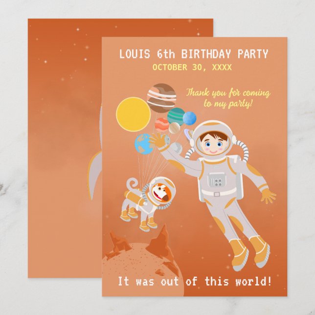 Carte De Remerciements Fête d'anniversaire de l'astronaute de Mars (Devant / Derrière)
