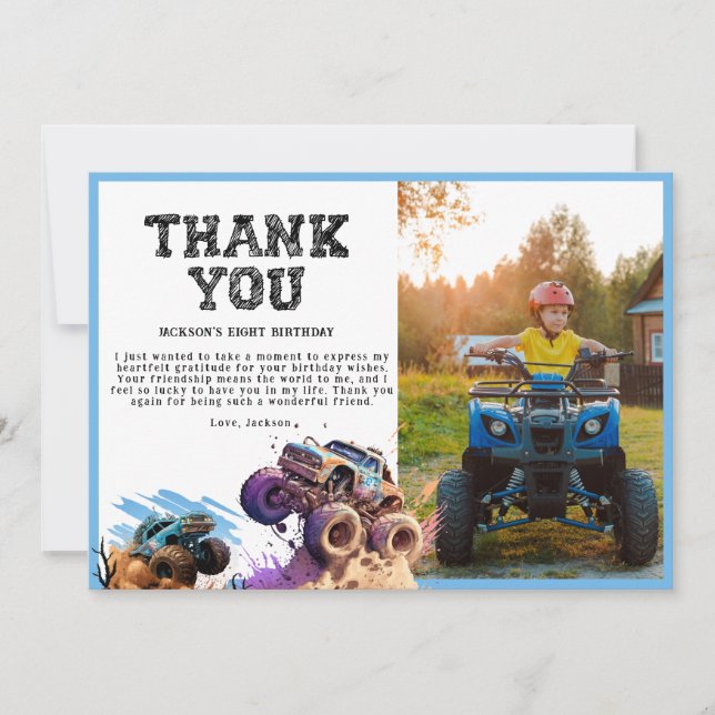 Carte De Remerciements Fête d'anniversaire de Monster Truck (Devant)