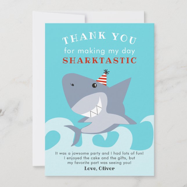 Carte De Remerciements Fête d'anniversaire de poissons requins Sharktasti (Devant)
