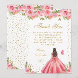 Carte De Remerciements Fête d'anniversaire de princesse aux cheveux bruns