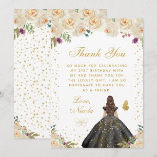 Carte De Remerciements Fête d'anniversaire de princesse aux cheveux bruns