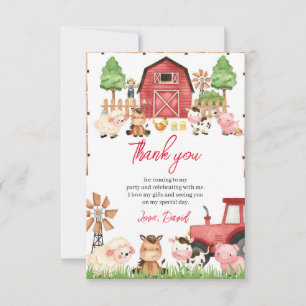 Carte De Remerciements Fête d'anniversaire de Red Farm Animaux