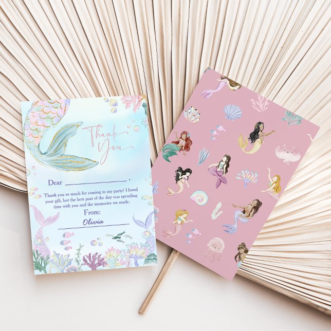 Carte De Remerciements Fête d'anniversaire de sirène à l'aquarelle fantai (Créateur téléchargé)