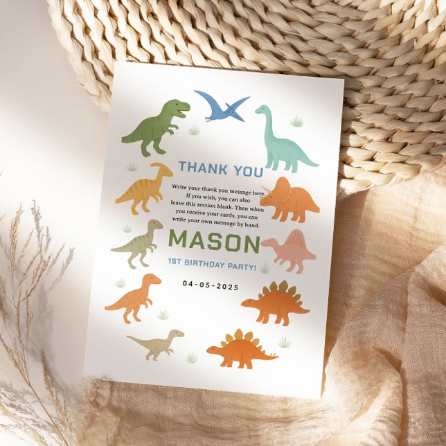 Carte De Remerciements Fête d'anniversaire des 1 an de Dinosaure | Enfant (Dinosaur 1st Birthday Party | Cute Prehistoric thank you card
)
