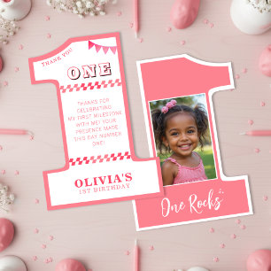 Carte De Remerciements Fête d'anniversaire des 1 an Filles Rose Une Photo