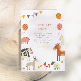 Carte De Remerciements Fête d'anniversaire des animaux de la ferme Coin C