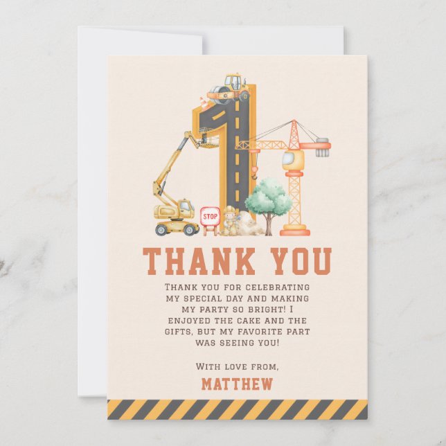 Carte De Remerciements Fête d'anniversaire des camions de construction (Devant)