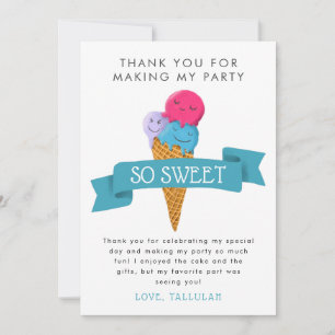 Carte De Remerciements Fête d'anniversaire d'été pour enfants avec glace
