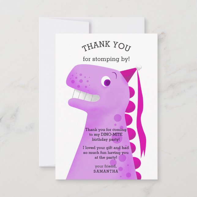 Carte De Remerciements Fête d'anniversaire dinosaure pour enfants Rose (Devant)